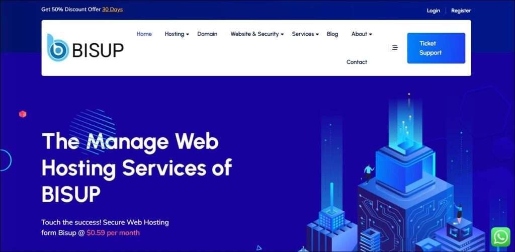 bisup web hosting home page of blue color