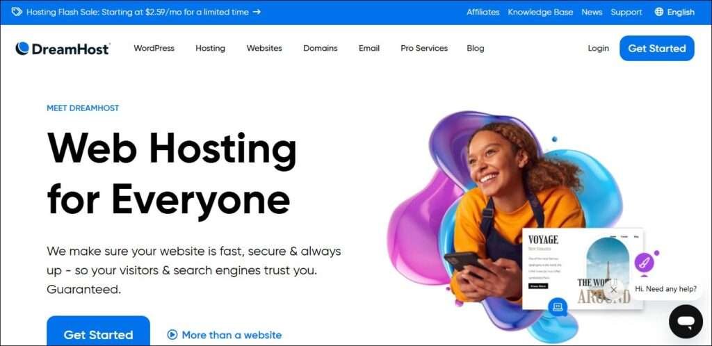 home page of dreamhost web hosting website white background with a girl smiling in yellow dress