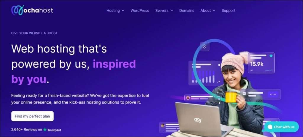 mochahost web hosting website pf blue color with girl of wearing yellow cap and a yellow mug in her hand